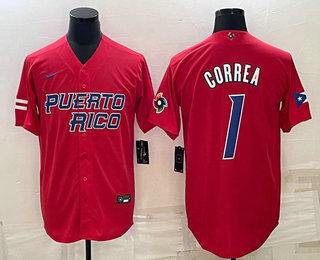 Men%27s Puerto Rico Baseball #1 Carlos Correa 2023 Red World Baseball Classic Stitched Jerseys->2023 world baseball classic->MLB Jersey